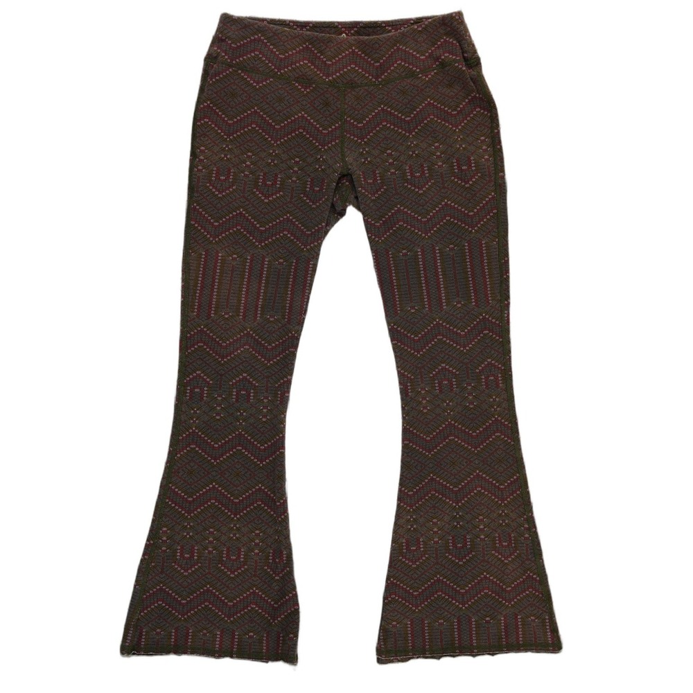 Prana Flare Pants Women's Size Large Olive Green Geometric Hemp Blend Yoga Boho